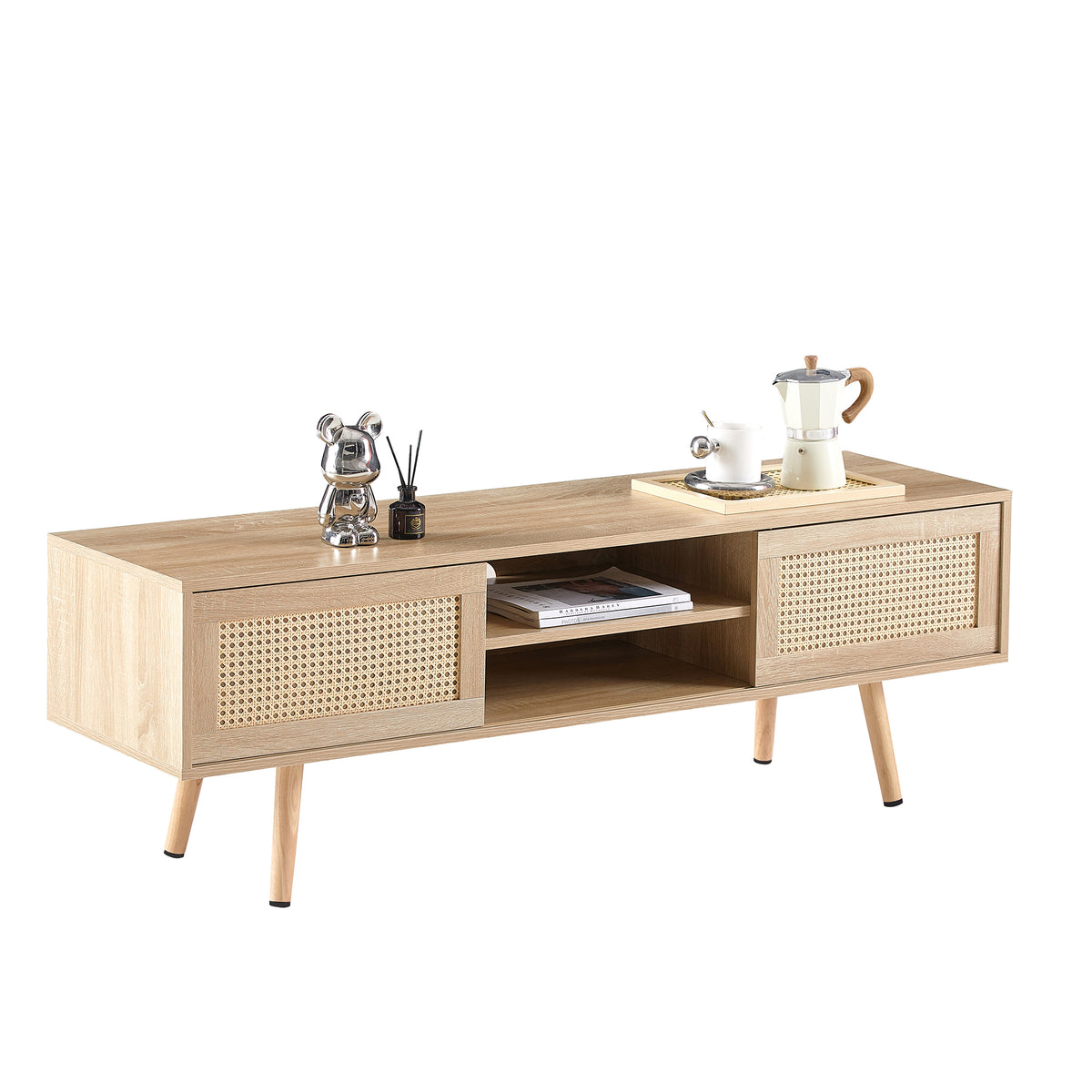 Rattan Wood TV Console – Adjustable Doors, Natural Finish
