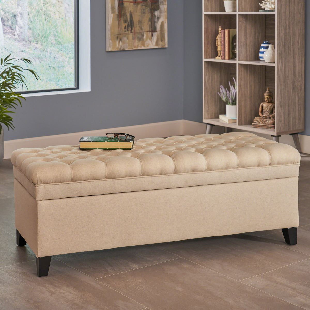 Juliana Velvet Storage Ottoman Beige