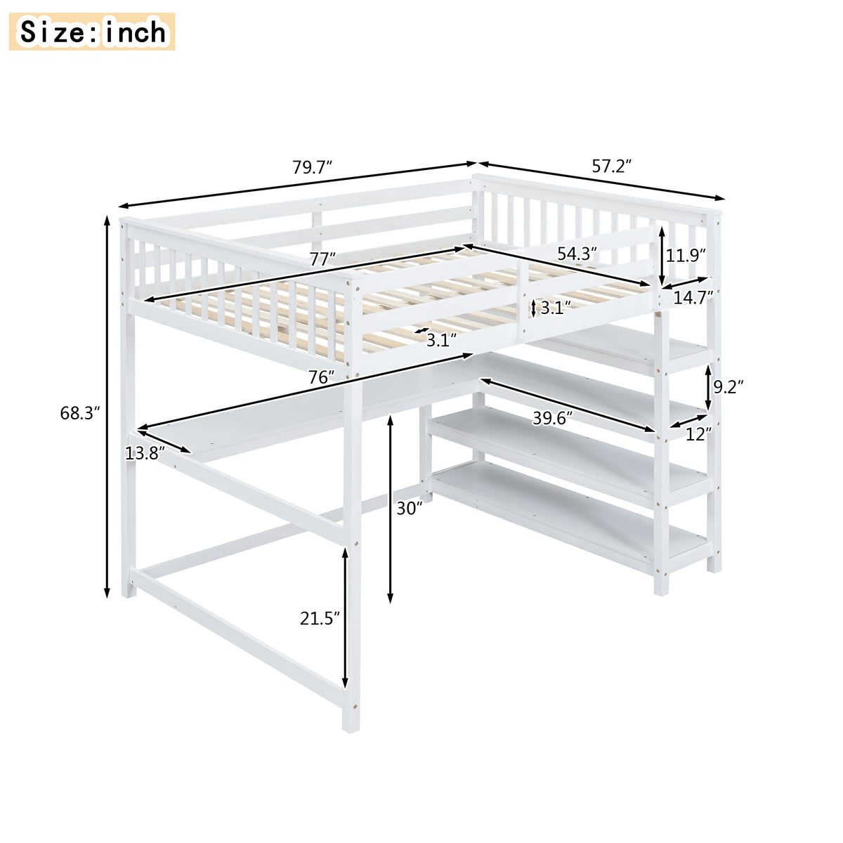 Full Loft Bed with Storage Desk – White