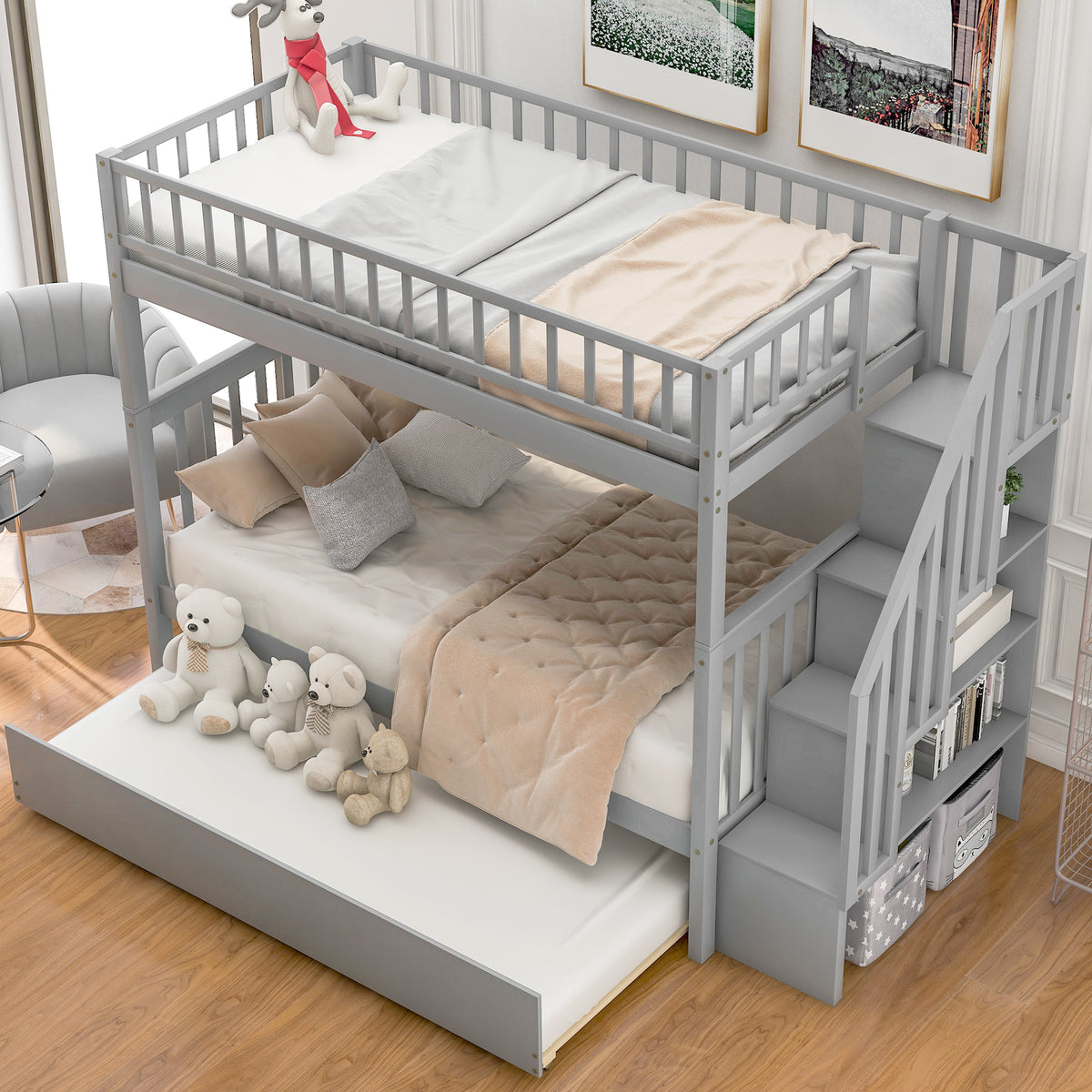Twin Over Twin Bunk Bed with Trundle Gray
