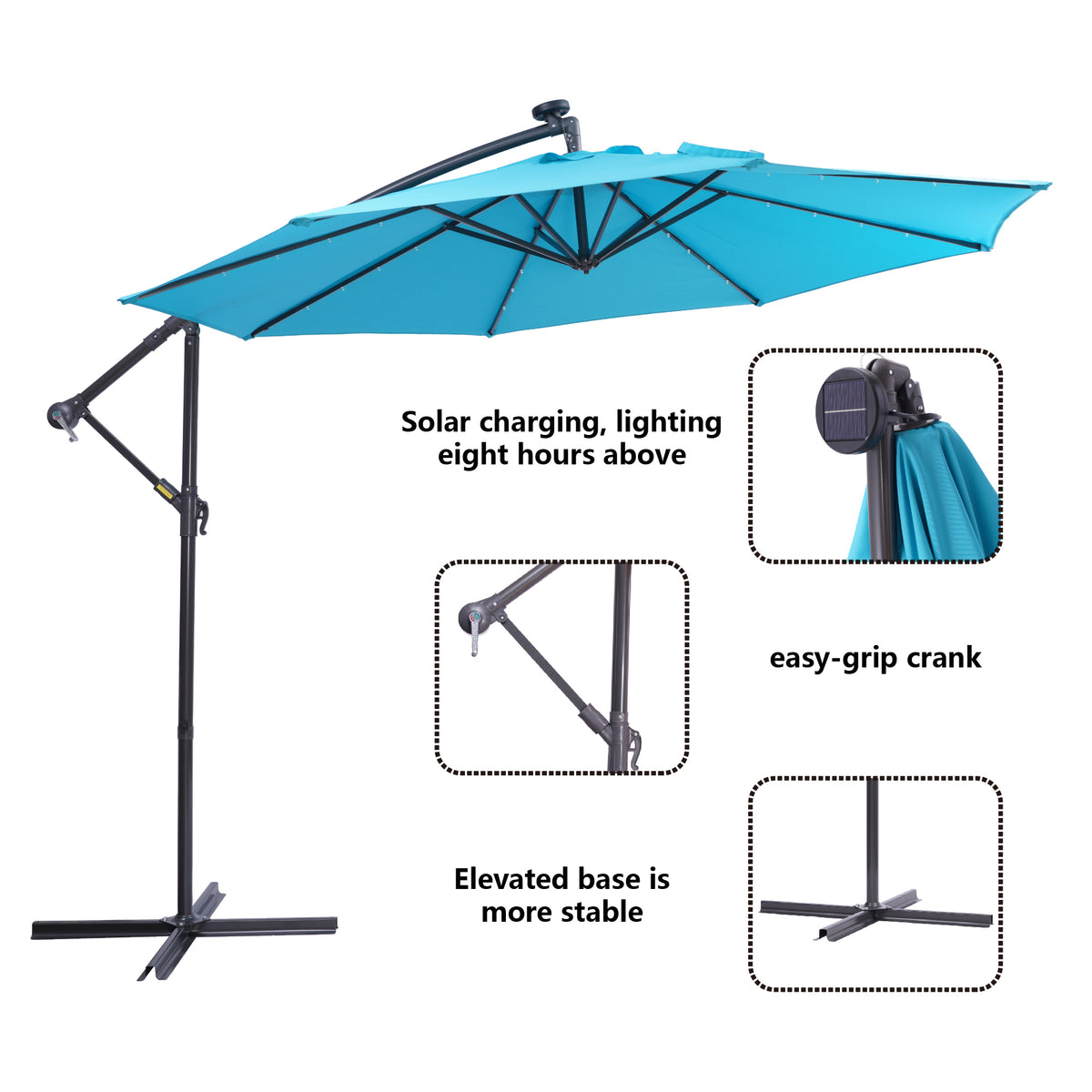 Blue 10ft Solar LED Patio Umbrella – 32 Lights with Crank & Tilt System