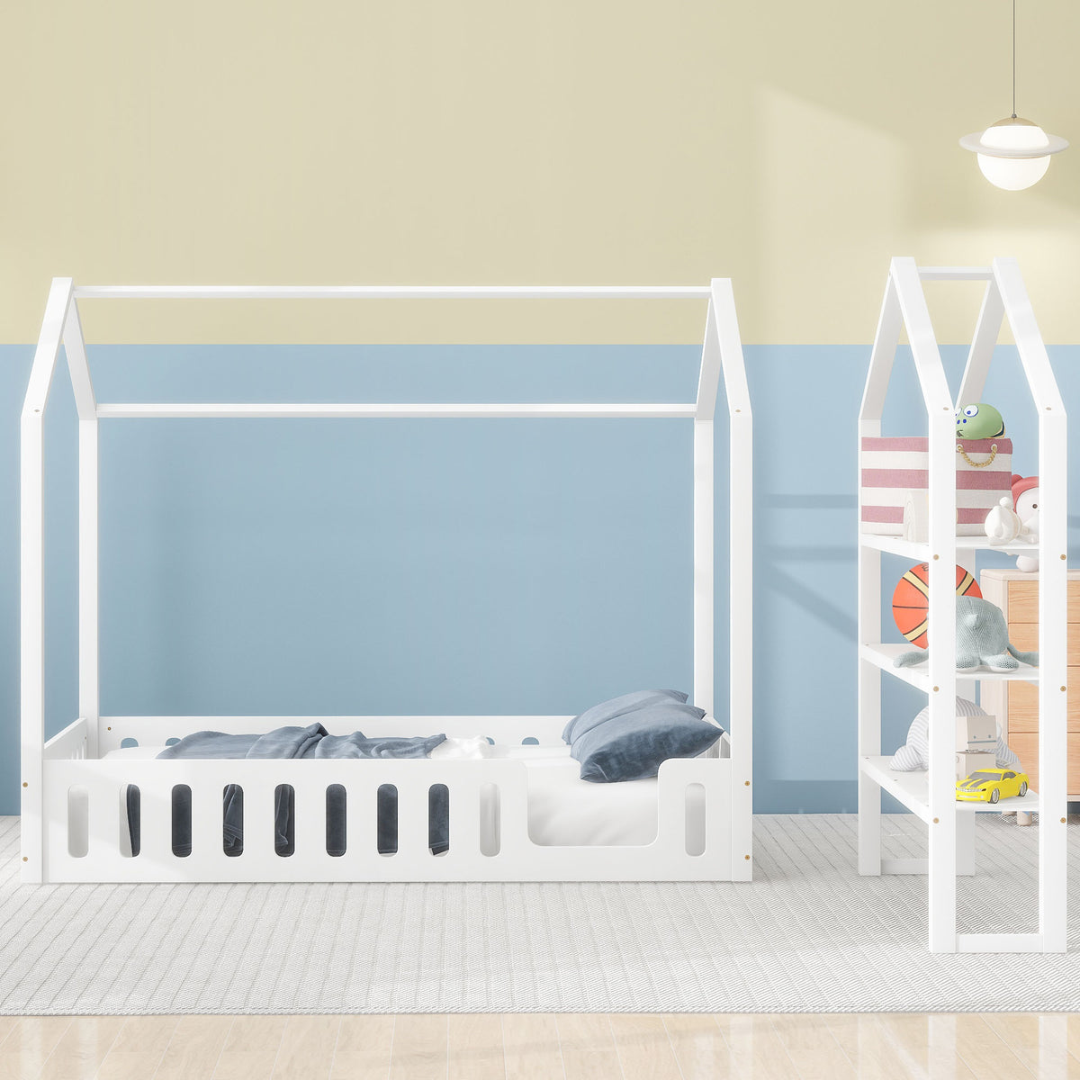 Full Platform Bed with Storage Shelves White