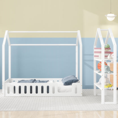 Full Platform Bed with Storage Shelves White