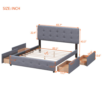 Linen Upholstered Platform Bed with Drawers Dark Gray
