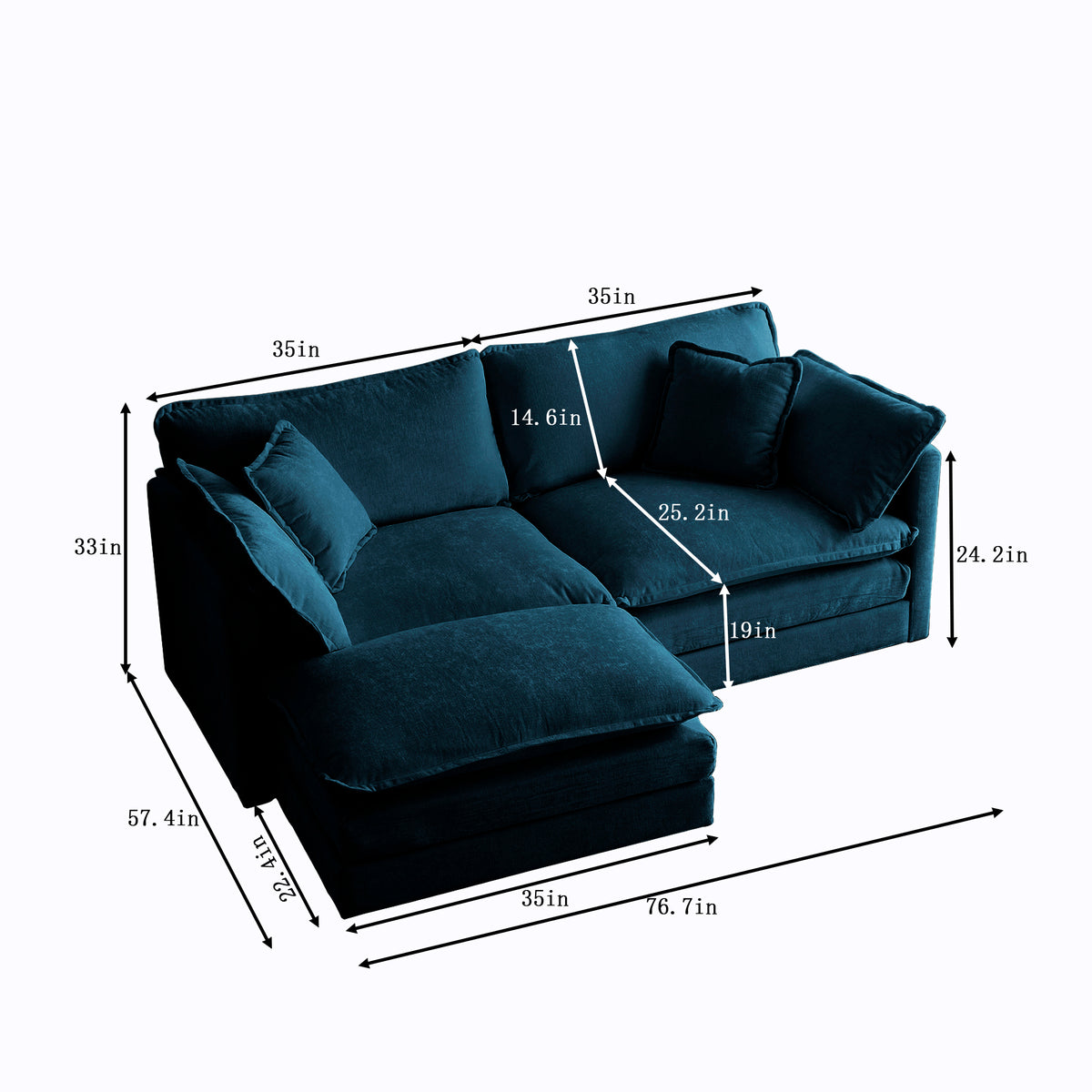 Chenille Sectional Sofa with Ottoman Blue