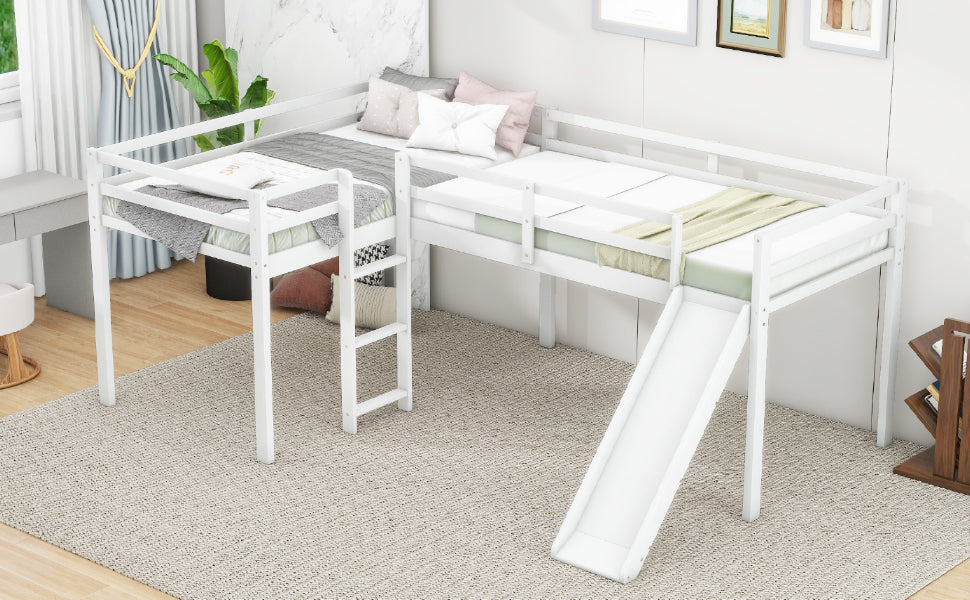 L-Shaped Twin Loft Bed with Slide White