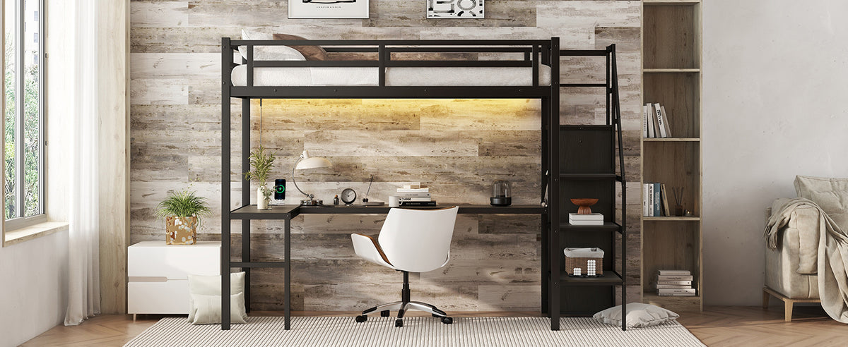 Loft Bed with USB and Adjustable Shelf Black