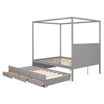 Queen Canopy Platform Bed with Drawers Gray