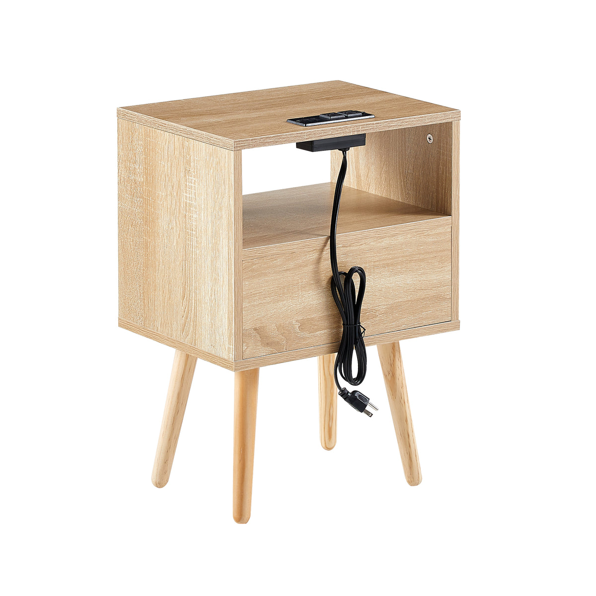 Rattan End Table with USB Ports and Drawer