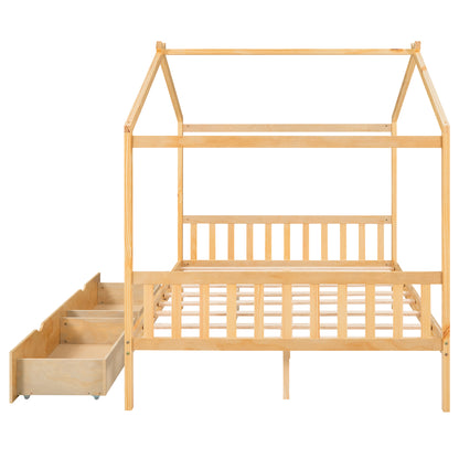 Full Platform Bed with Headboard – Natural Finish
