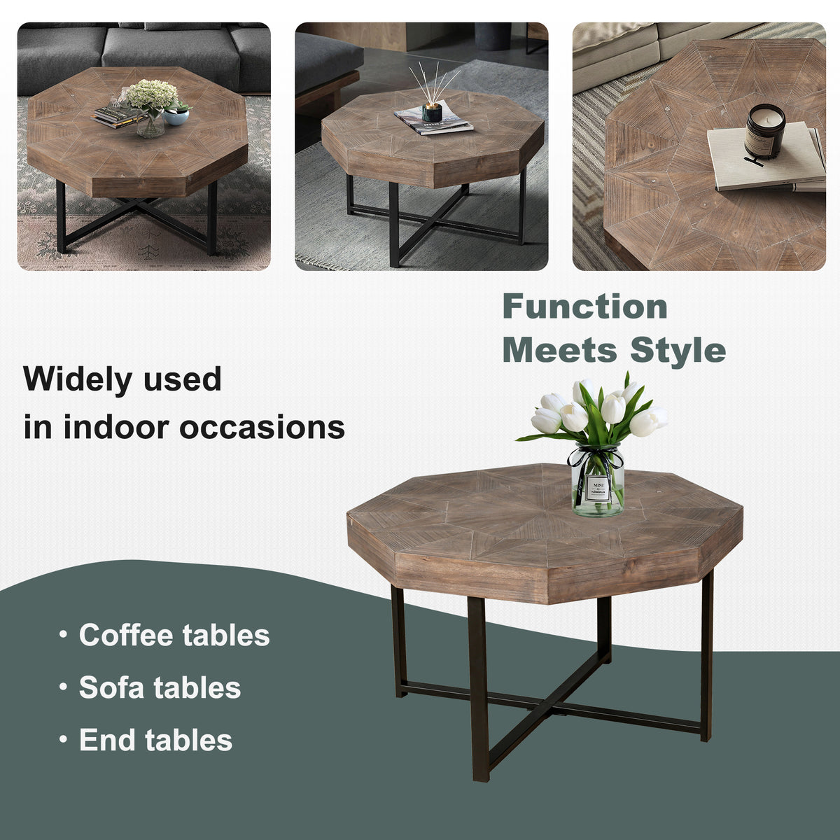 Octagonal Coffee Table with Cross Metal Base Brown