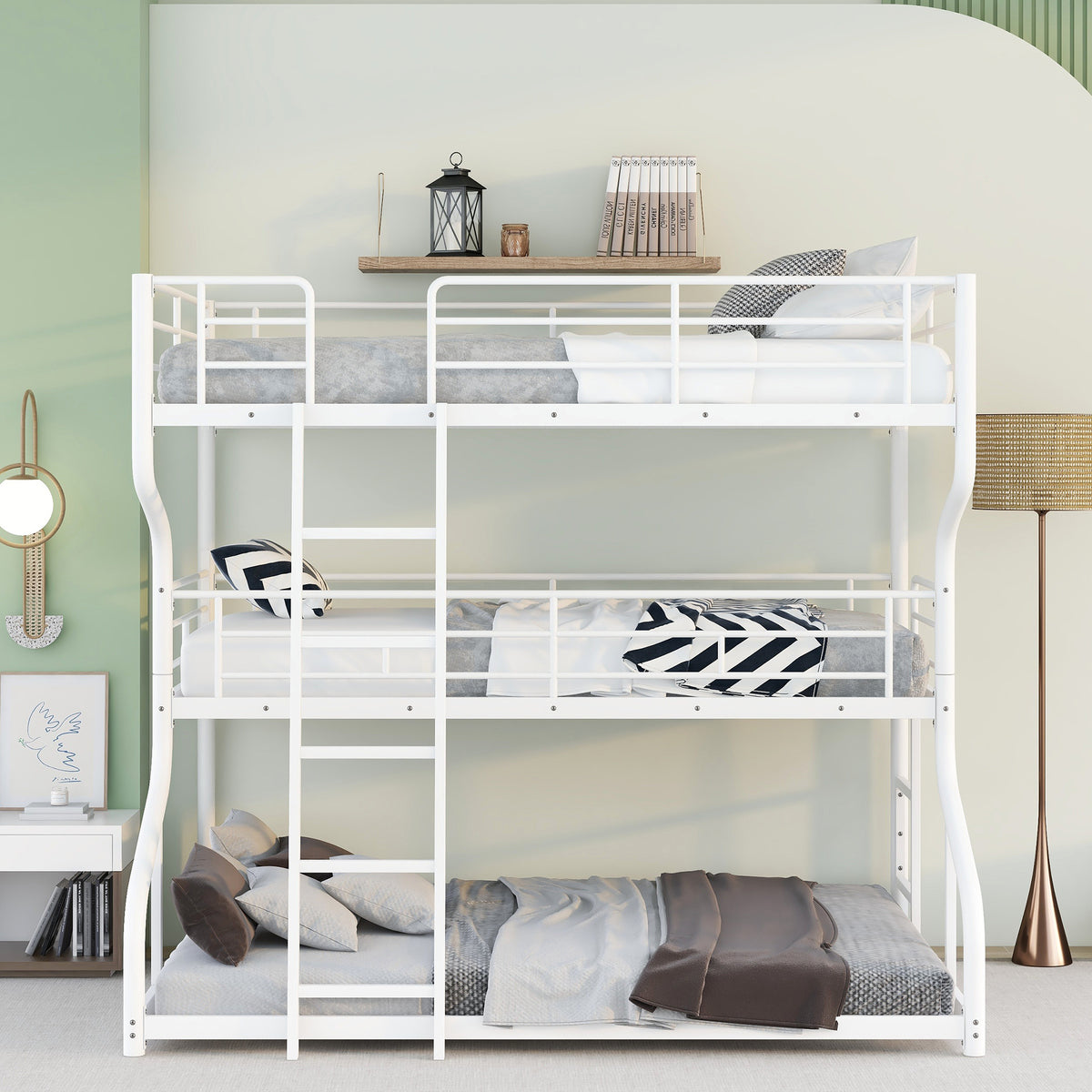 White Triple Bunk Bed – 3-Tier Space-Saving Metal Frame for Kids & Teens