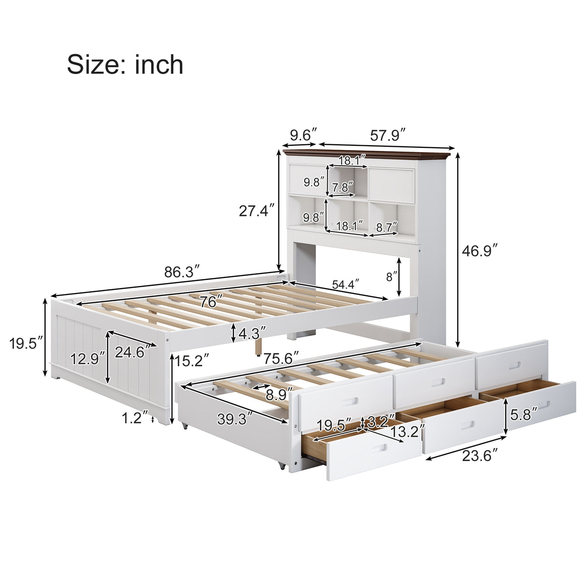 Pine Captain Bookcase Bed White Walnut