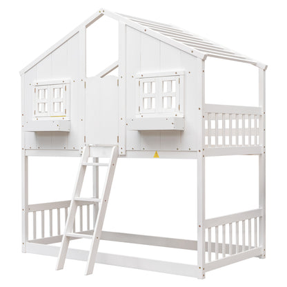 Twin House Bunk Bed with Ladder White