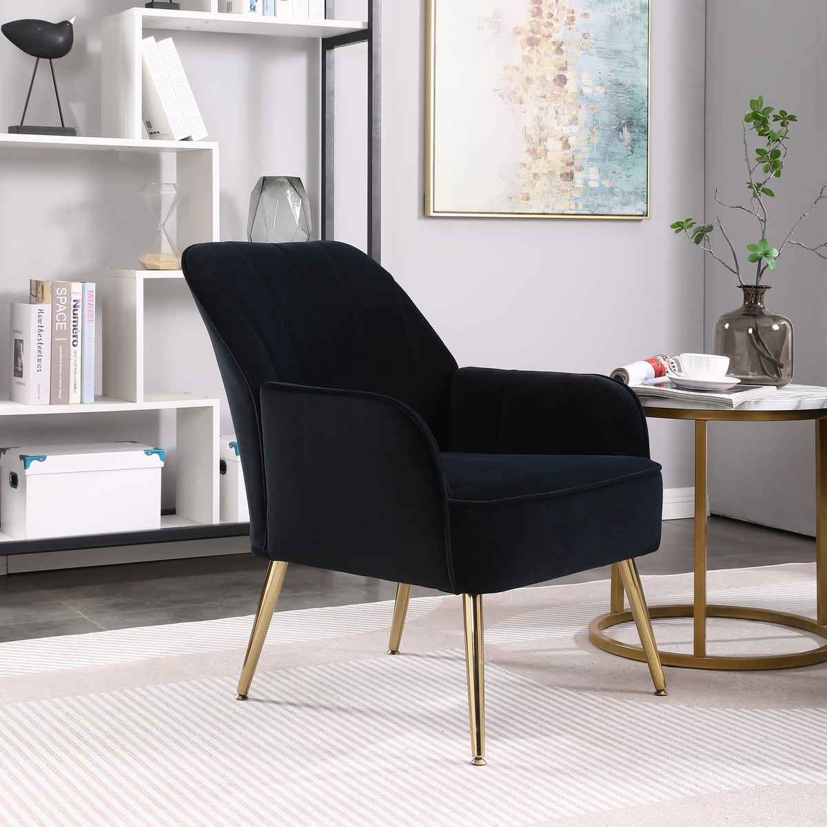 Mid-Century Velvet Armchair Navy Upholstery