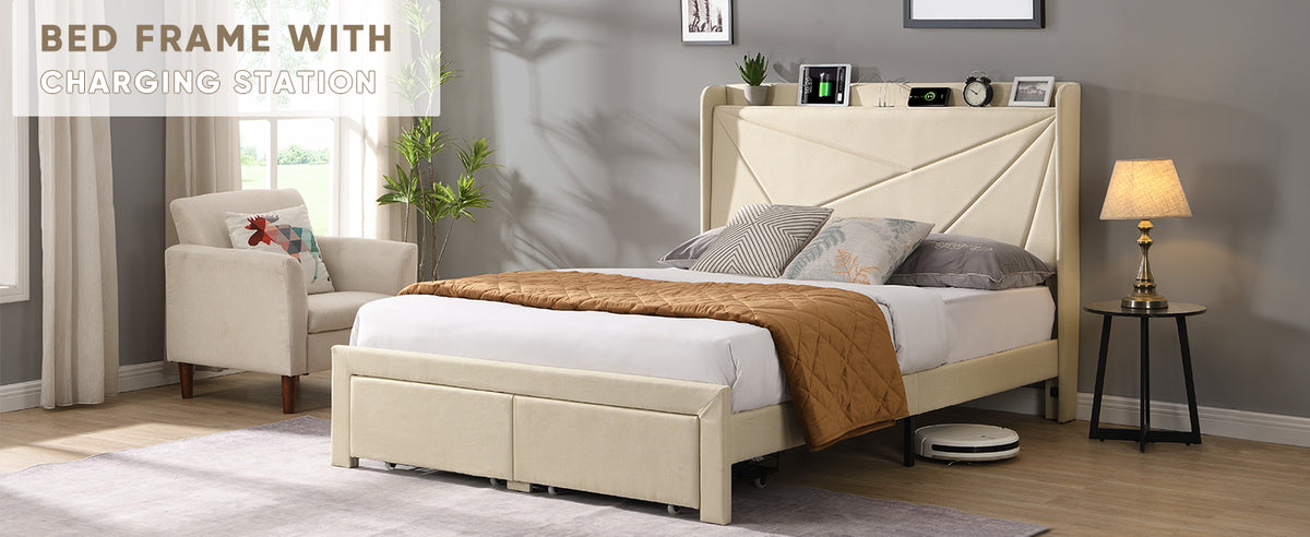 Full Size Upholstered Bed with Drawers – Beige