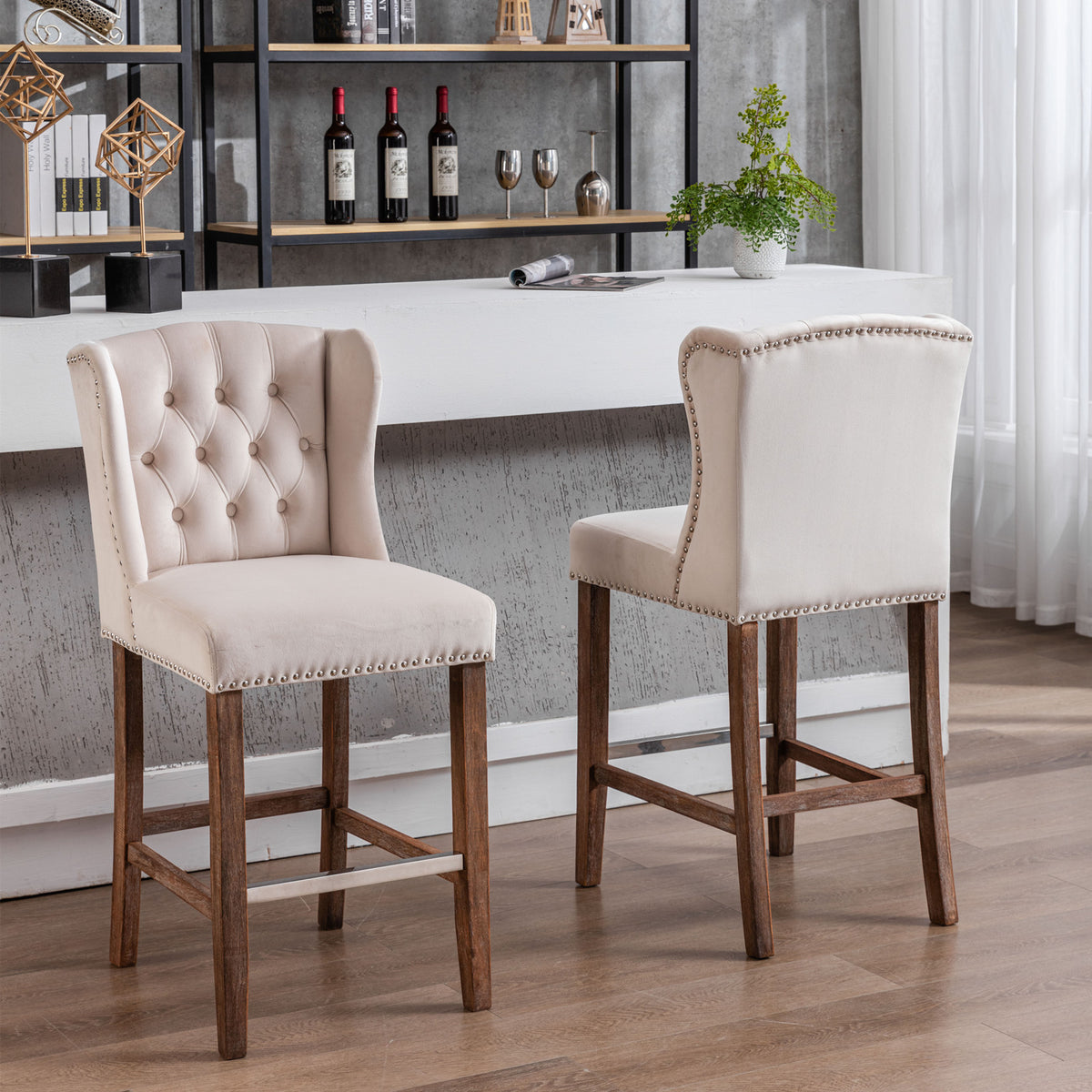 Upholstered Counter Bar Stools Set of 2 Beige