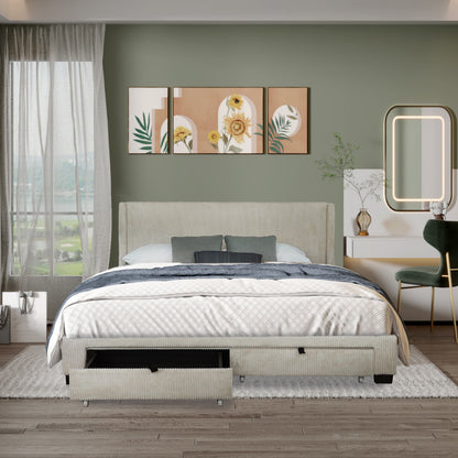 Corduroy Wingback Storage Bed – Beige & White