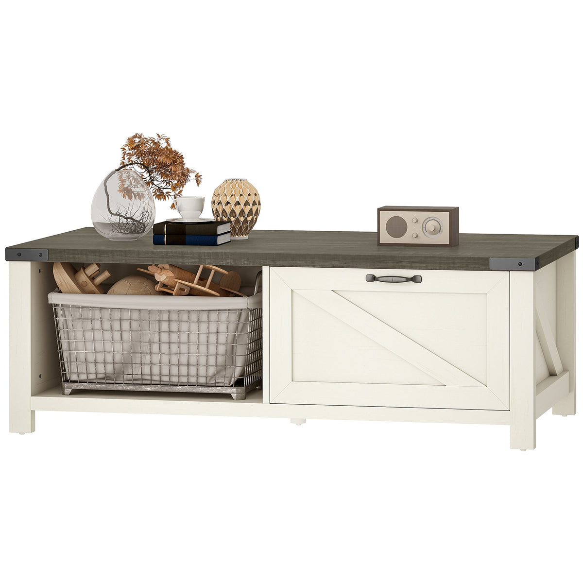 Lowen Farmhouse Coffee Table with Drawer and Open Storage Shelf-Distressed Grey/White