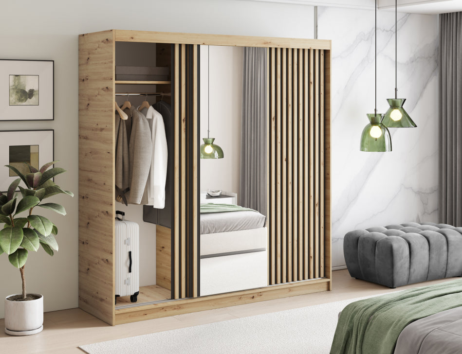 Emerio Mirrored 3 Sliding Door Freestanding Wardrobe - Maple Oak