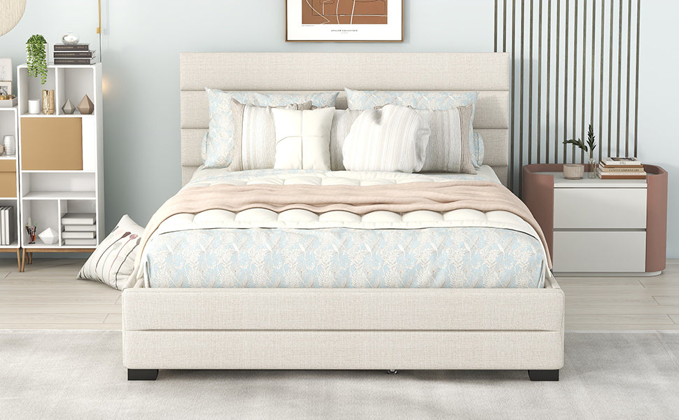 Queen Upholstered Bed with Twin Size Trundle Beige