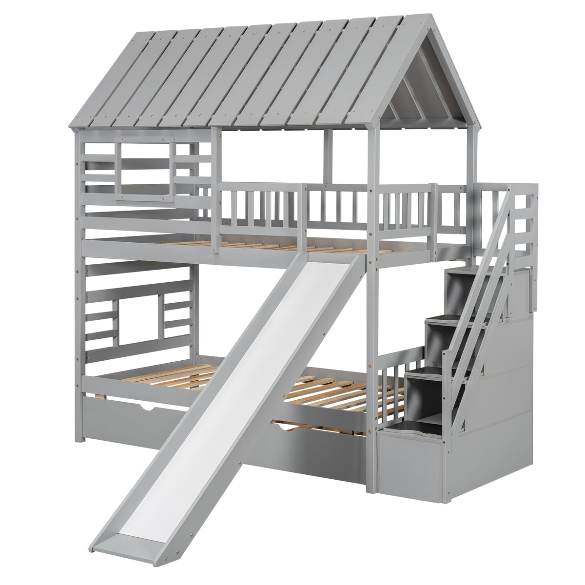 Twin Bunk Bed with Roof and Ladder Gray