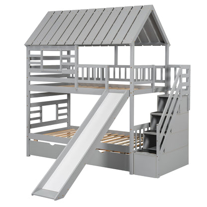 Twin Bunk Bed with Roof and Ladder Gray