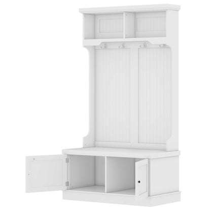 Hall Tree with Hooks and Shoe Storage Bench White