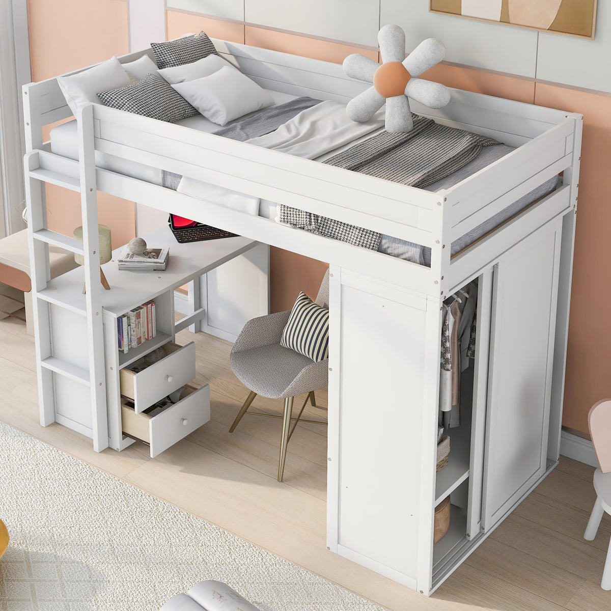 White Twin Loft Bed with Desk