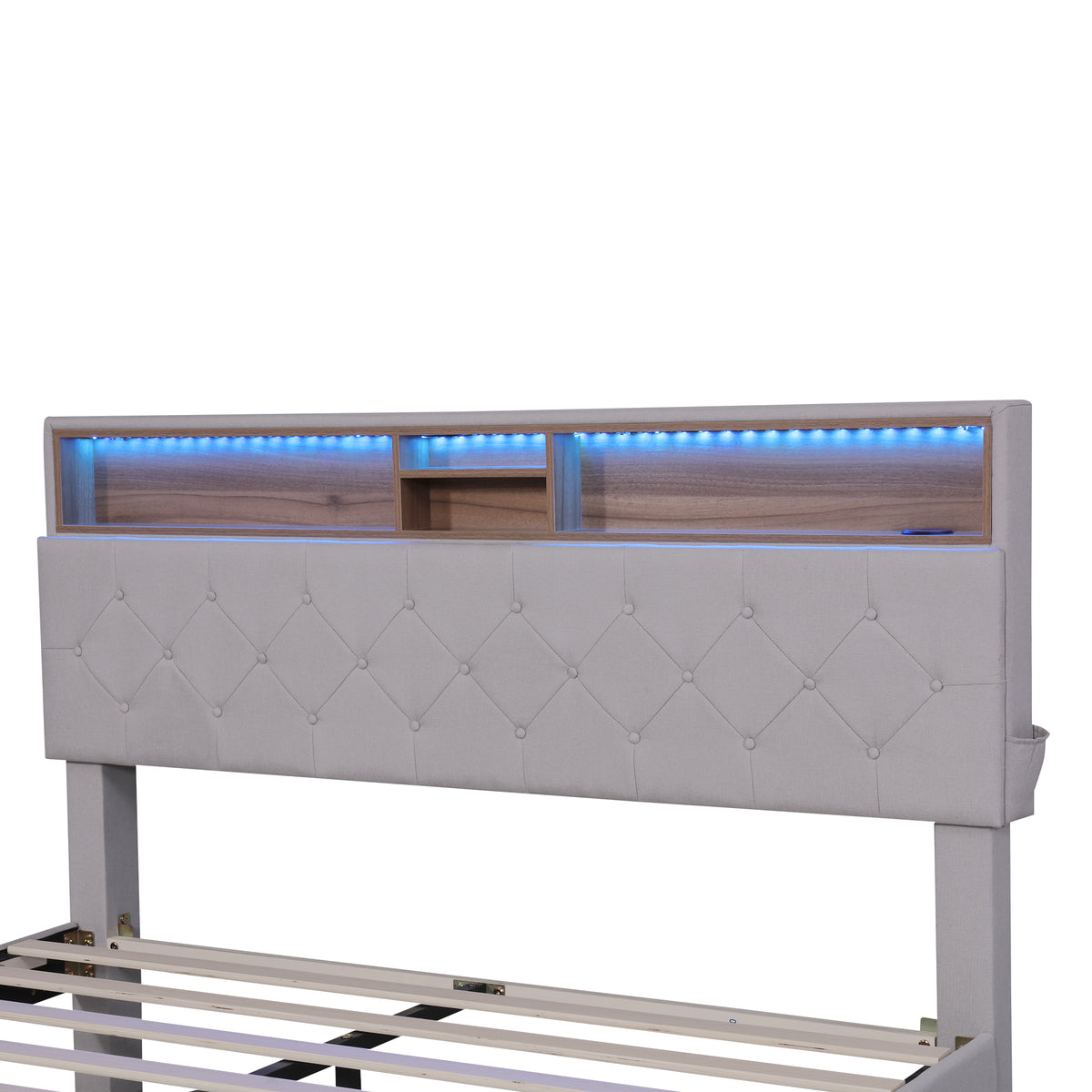 Queen LED Upholstered Storage Bed – Beige
