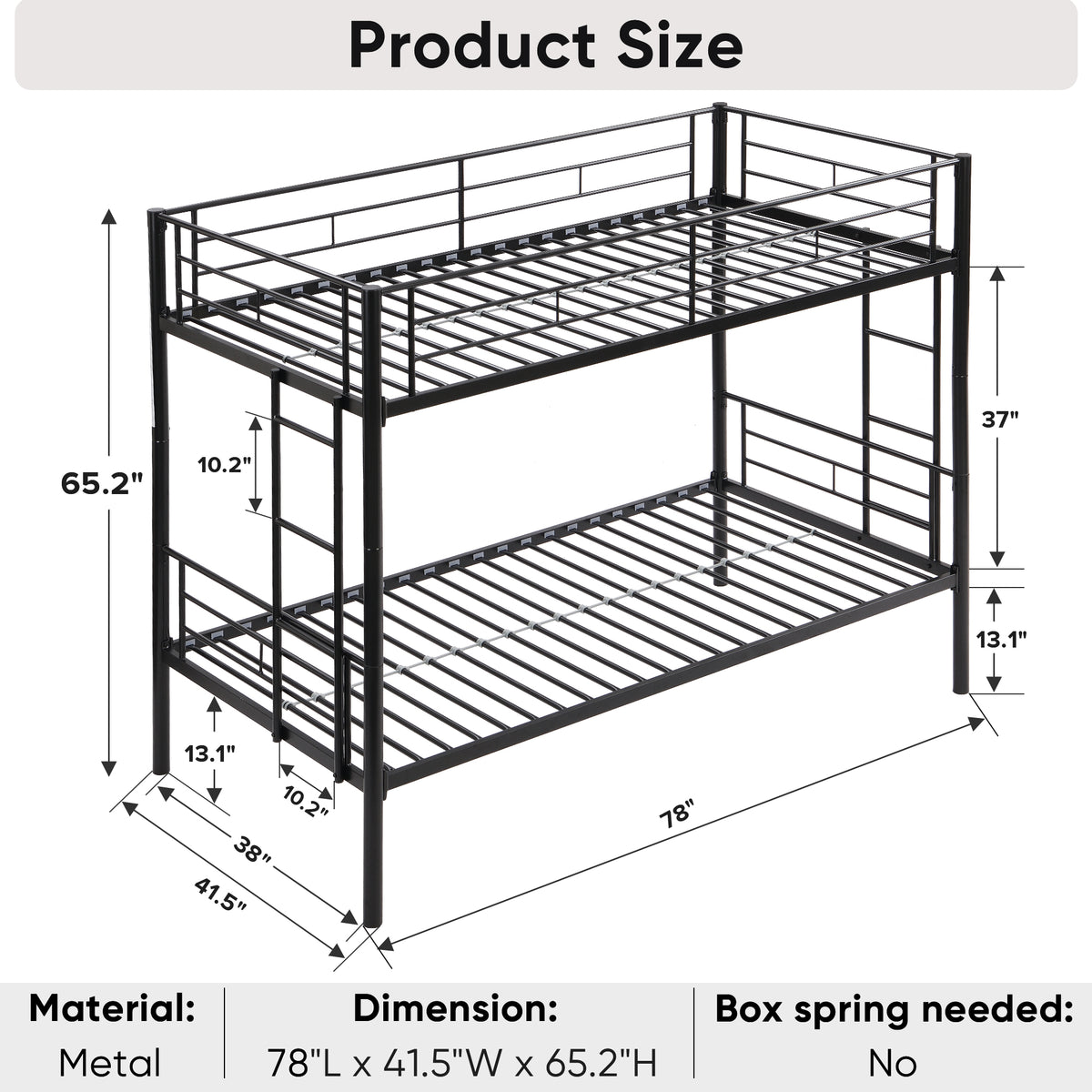 Full Metal Bunk Bed with Guardrails Black