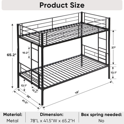 Full Metal Bunk Bed with Guardrails Black