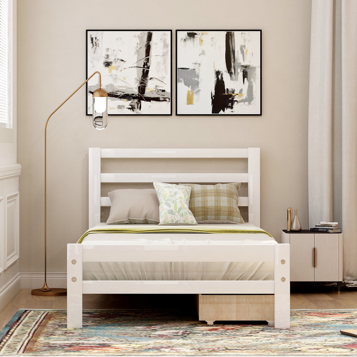 Wood Platform Bed with Drawers White