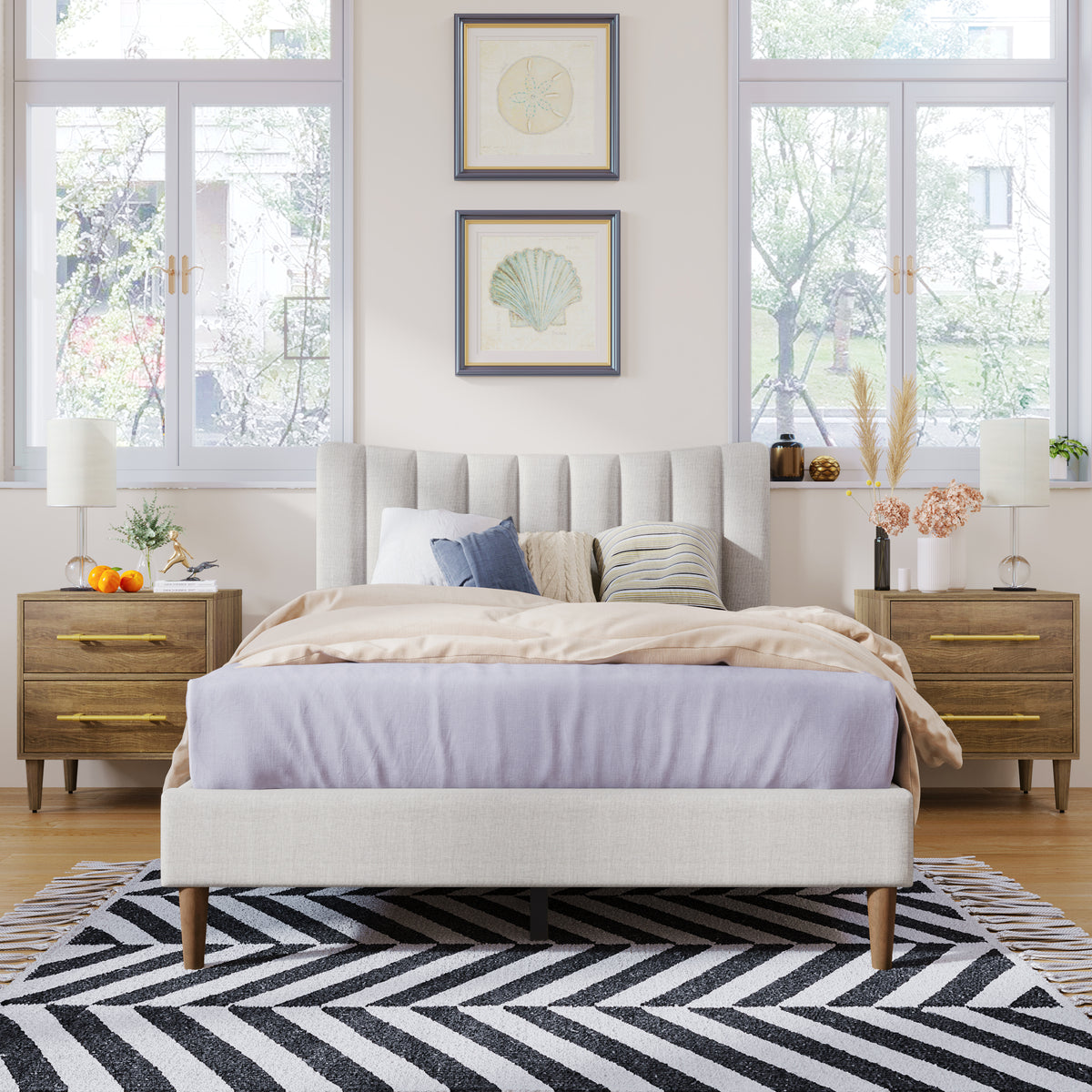 Upholstered Platform Bed with Channel Headboard Cream