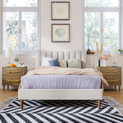 Upholstered Platform Bed with Channel Headboard Cream