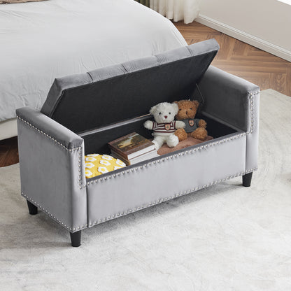 Velvet Storage Bench with Nailhead Trim Gray
