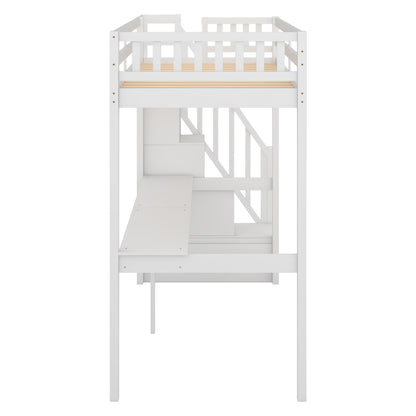 Twin Loft Bed with Staircase and Desk White