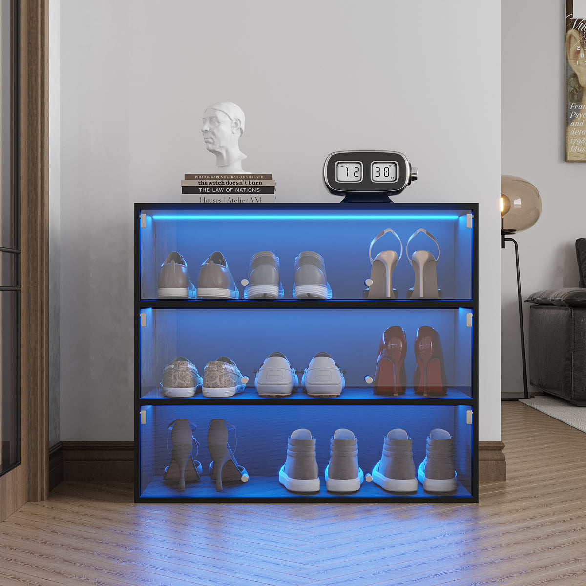 Black Glass Shoe Cabinet with RGB LED Lights