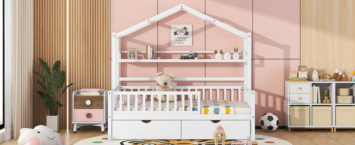 Twin House Bed with Storage Shelf White