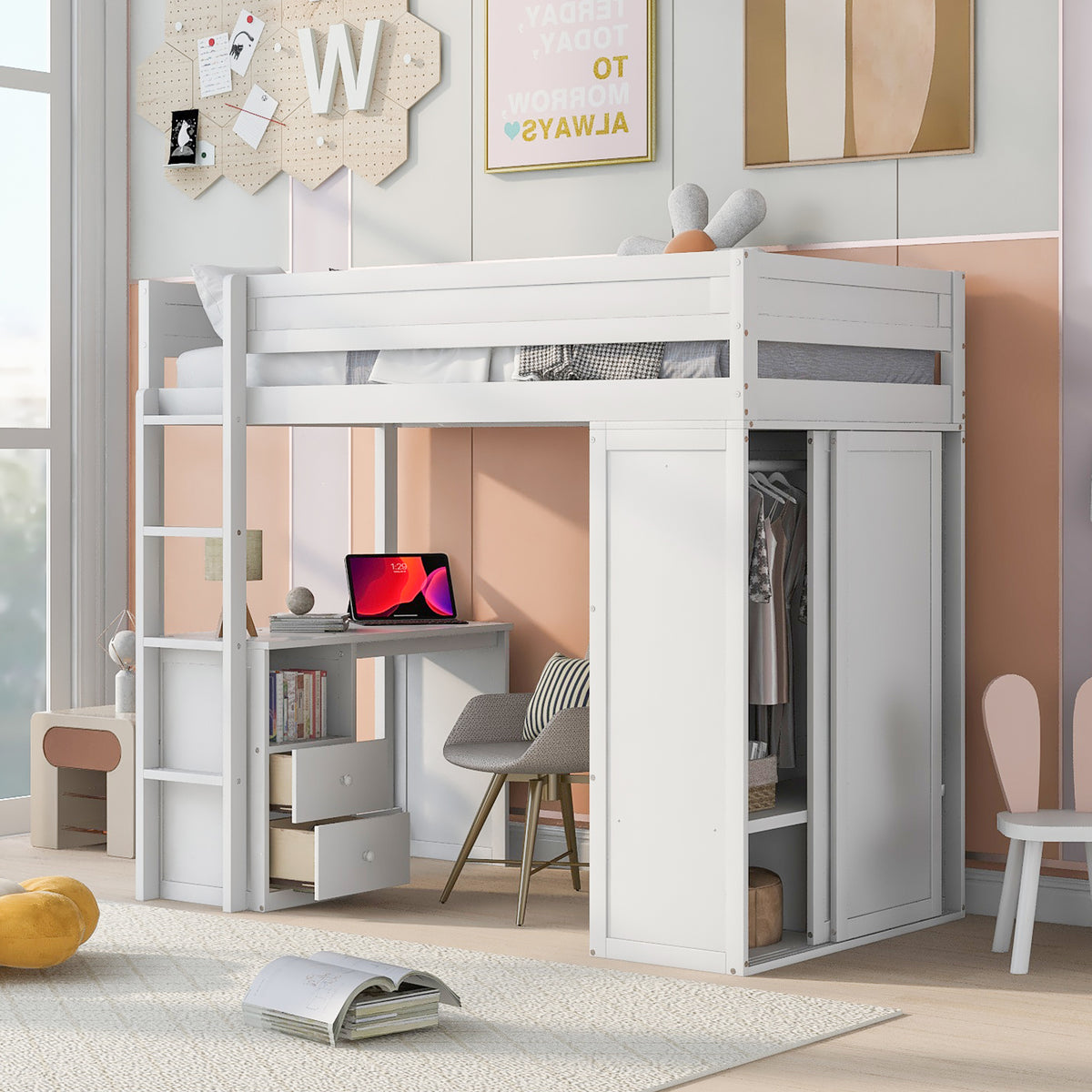 White Twin Loft Bed with Desk
