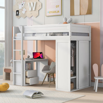 White Twin Loft Bed with Desk