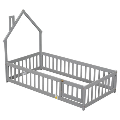 Twin House Bed with Fence Gray