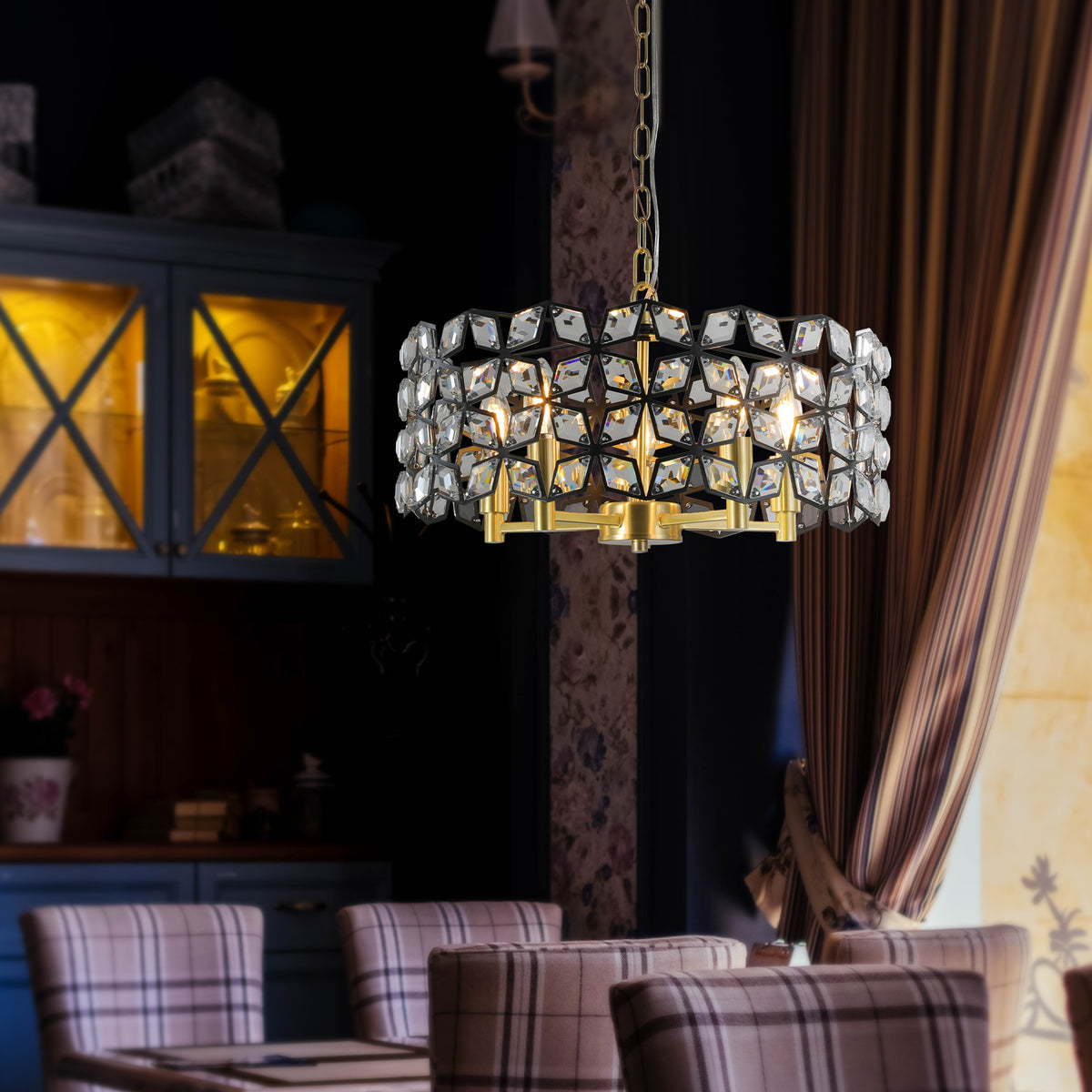 Sand Gold and Black Crystal Round Chandelier