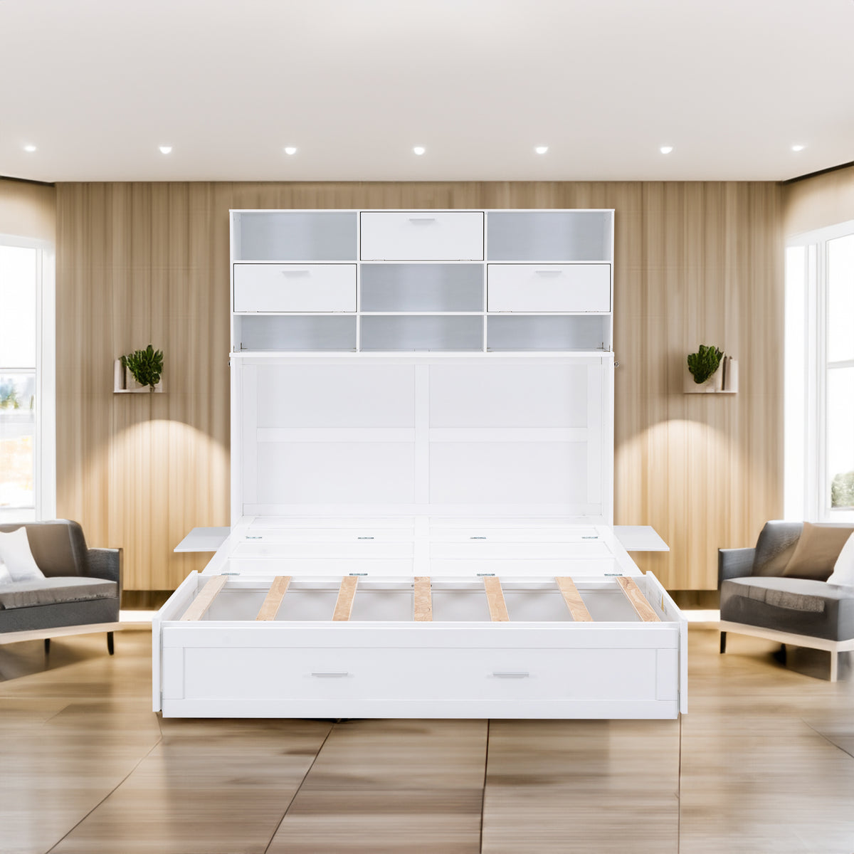 Queen Murphy Bed with Bookcase Storage – White