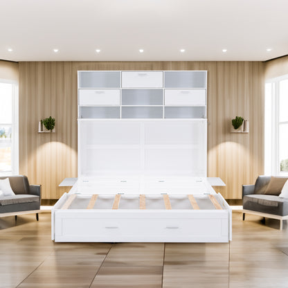 Queen Murphy Bed with Bookcase Storage – White