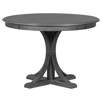 Dark Gray 5-Piece Round Dining Set – Solid Wood Table with Upholstered Chairs