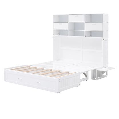 Queen Murphy Bed with Bookcase Storage – White