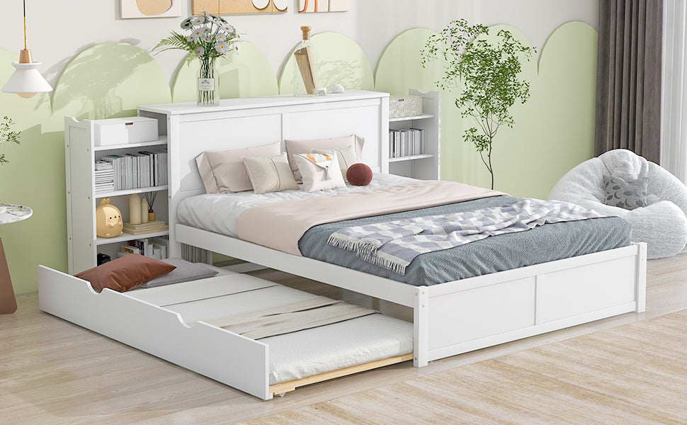 Queen Storage Platform Bed with Trundle White