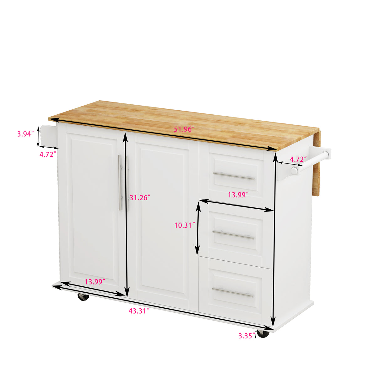 Mobile Kitchen Island with Drawers and Rack White