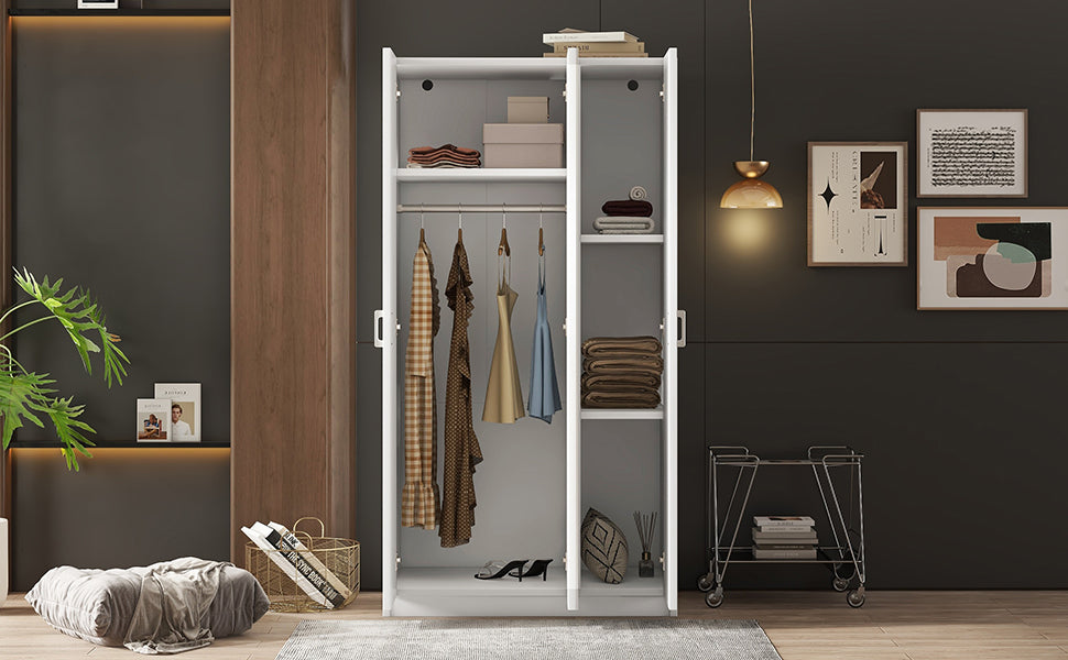 White 3-Door Wardrobe with Center Mirror – Particle Board Closet Organizer with Hanging Space